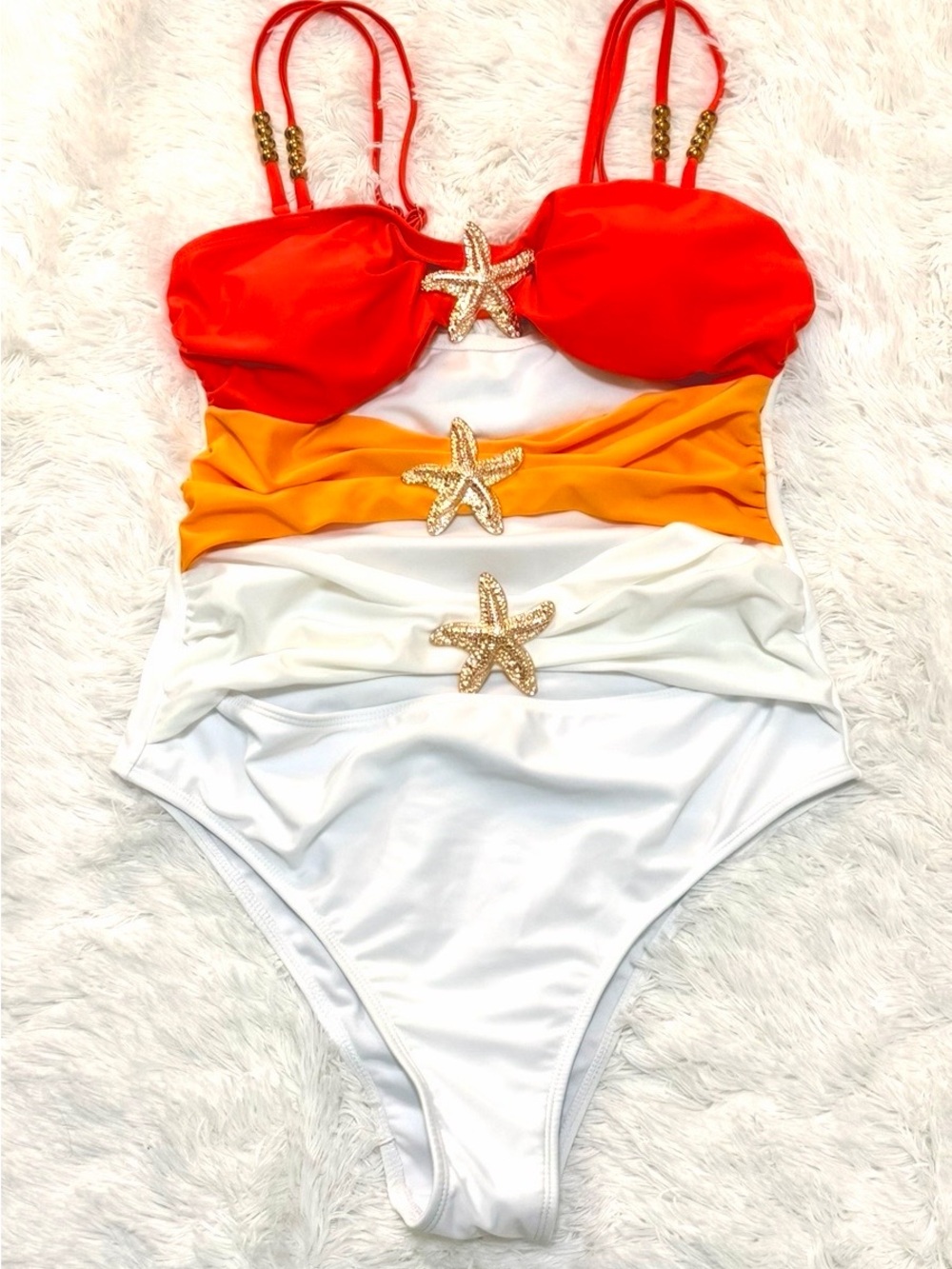 Orange Yellow White One-Piece Swimsuit with Starfish Accents (New Without Tag)